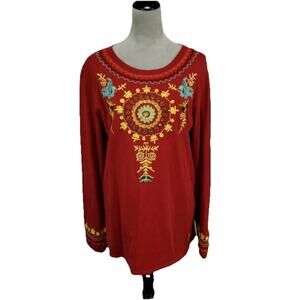 Double D Ranch Large Long Sleeve Shirt Red Bird Embroidered Beaded Cowgirl E25